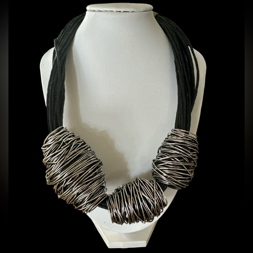 Vintage 90s Silver Black Wire Necklace Cord Chain Chunky 18-20"